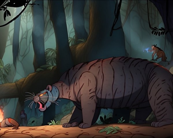 Prehistoric Creature in Lush Jungle with Animals