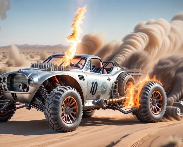 Futuristic rugged car racing through desert landscape