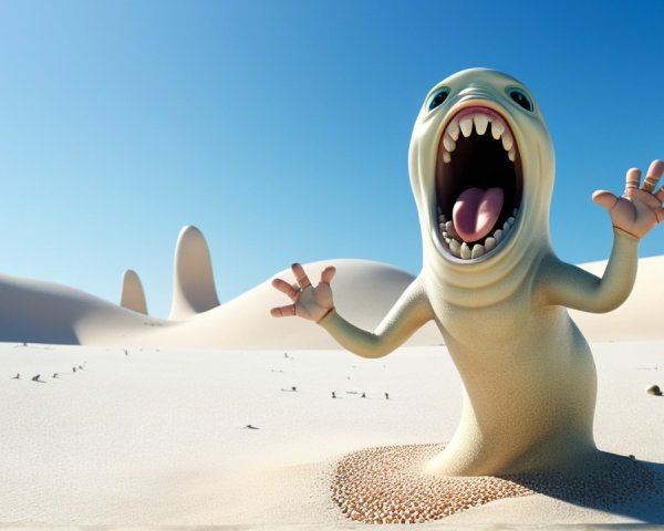 Cartoonish creature emerging in a vast desert landscape