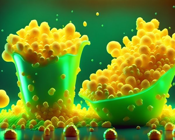 Yellow Spheres and Green Buckets in Playful Scene