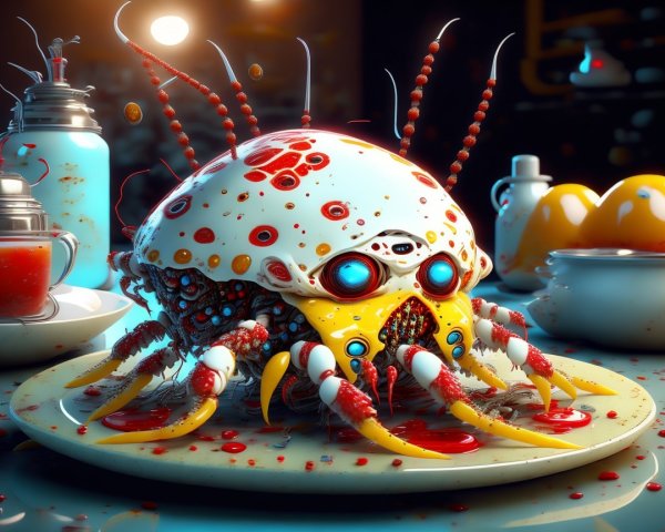 Colorful Crab-Robot Hybrid on a White Plate with Kitchen Items