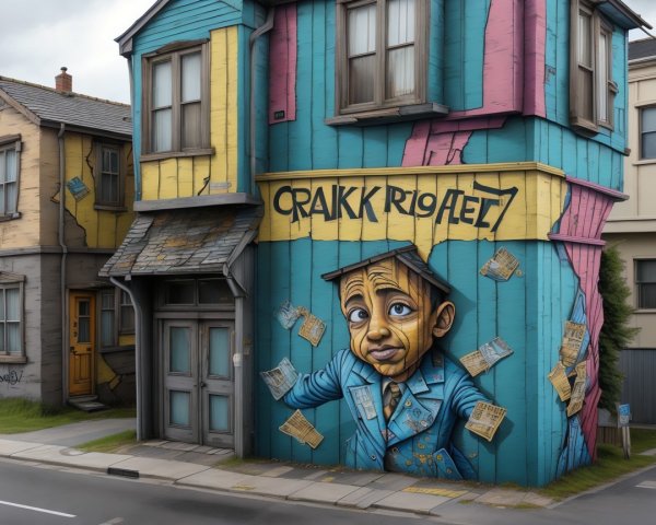 A surreal cartoonish building with whimsical graffiti