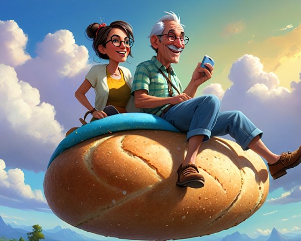 Elderly Man and Young Woman Riding Giant Bread Roll