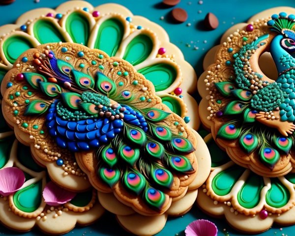 Decorative Peacock-Shaped Cookies in Vibrant Colors