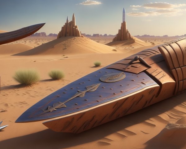 Futuristic Desert Landscape with Pyramids and Spacecraft