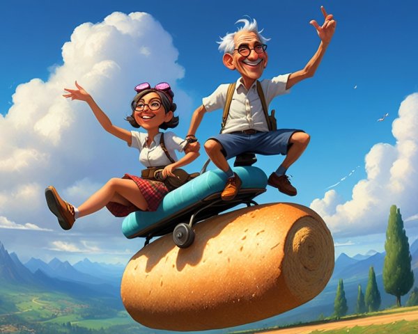 Whimsical Scene of Girl and Elderly Man on Bread Roll