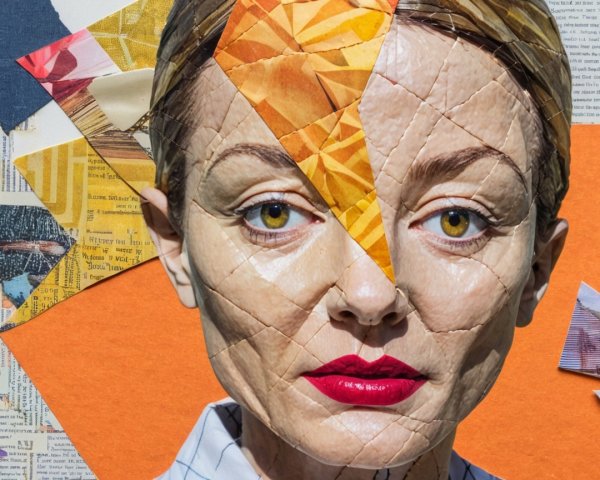 Mixed Media Collage of Woman's Face with Paper Cut-Outs