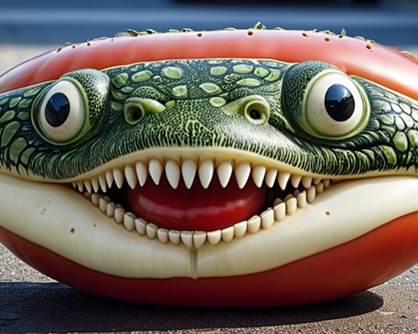 Whimsical Tomato with Cartoonish Reptilian Face