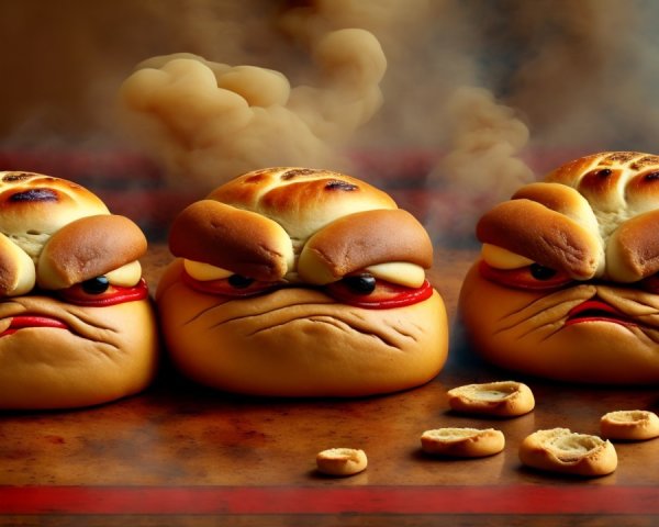 Cartoonish Bread Characters with Grumpy Faces on Wood