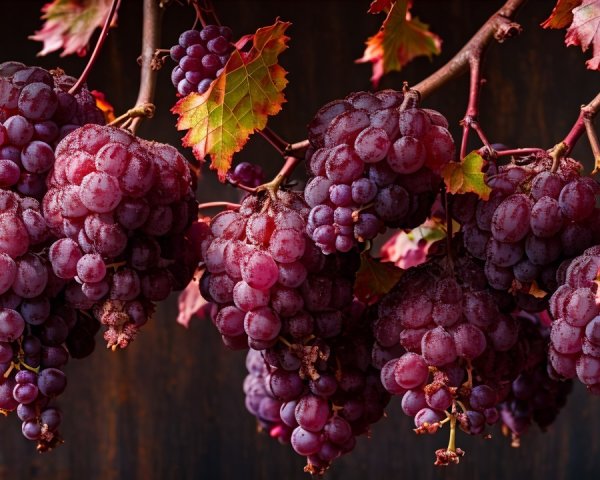 Close-up of Purple Grapes on Vine with Green Leaves