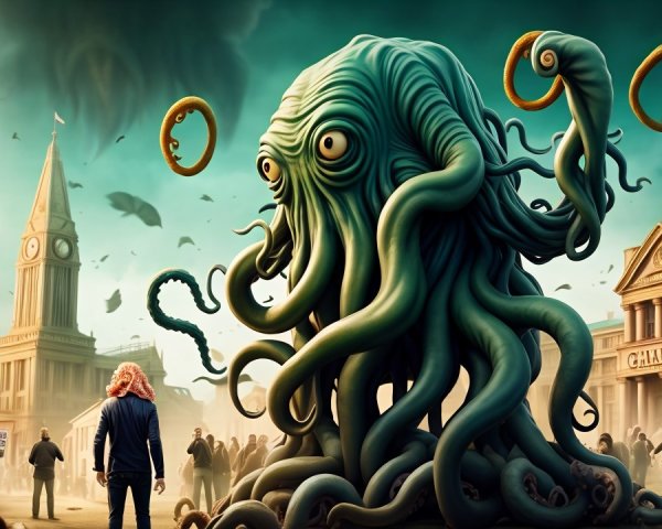 Giant Tentacled Creature in Surreal Town Square