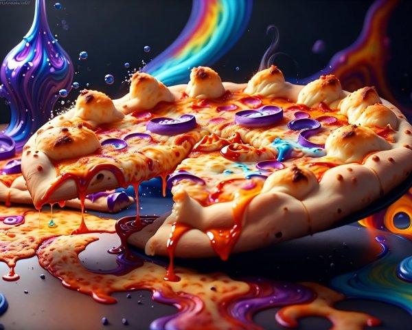 Surreal Colorful Pizza with Vibrant Toppings and Cheese