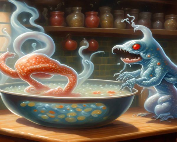 Whimsical Kitchen with Reptilian Creature and Gelatinous Mass