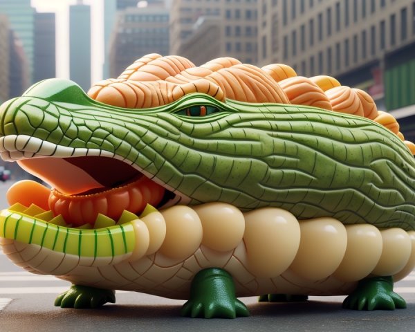 Oversized Cartoon Crocodile with Urban Backdrop