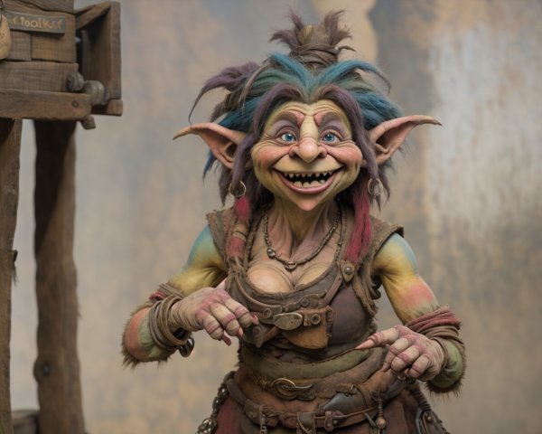 Close-up of a colorful troll puppet character