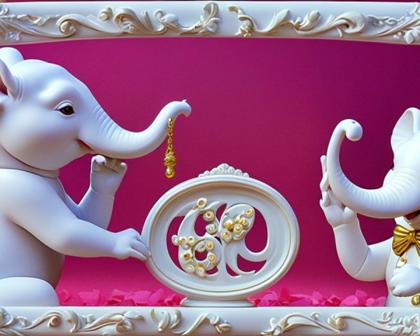 Stylized White Elephant Figurines on Pink Background
