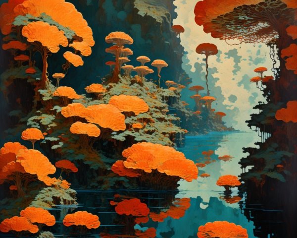 Vibrant Oil Painting of a Fantastical Fungal Landscape