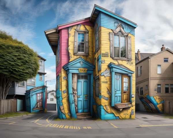 Vibrant Cartoonish Building at Street Corner Scene