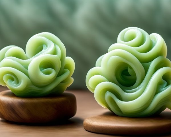 Swirl-Shaped Green Sculptures on Wooden Bases