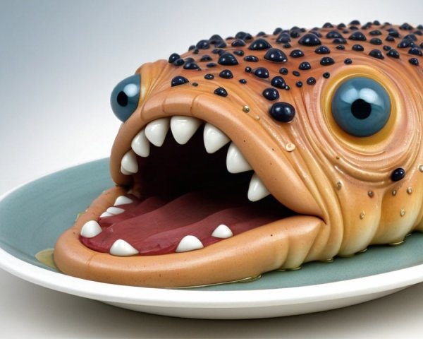 Whimsical Exaggerated Fish Sculpture on Blue Plate