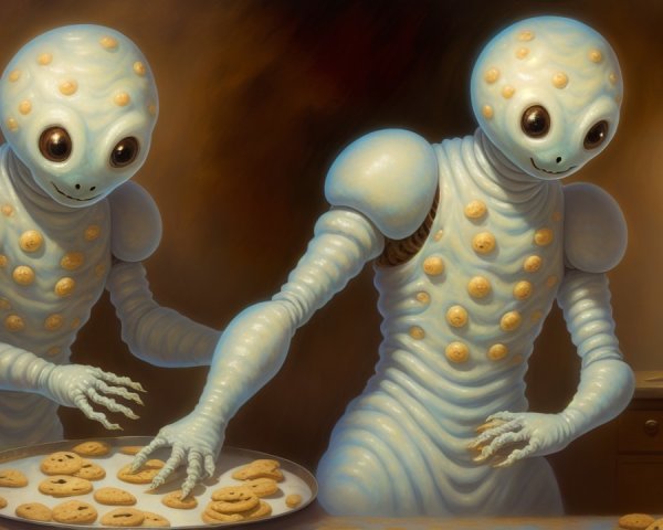 Whimsical Robots Arranging Cookies in Cozy Kitchen