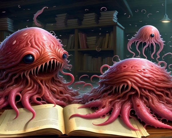 Whimsical Library with Jellyfish-Like Creatures