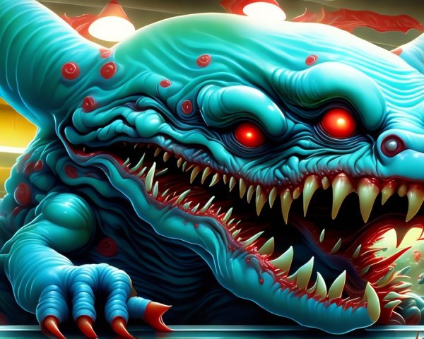 Cartoonish monster with blue skin and sharp red eyes