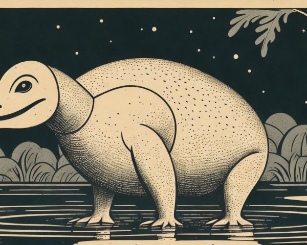 Stylized dinosaur-like creature in a surreal landscape