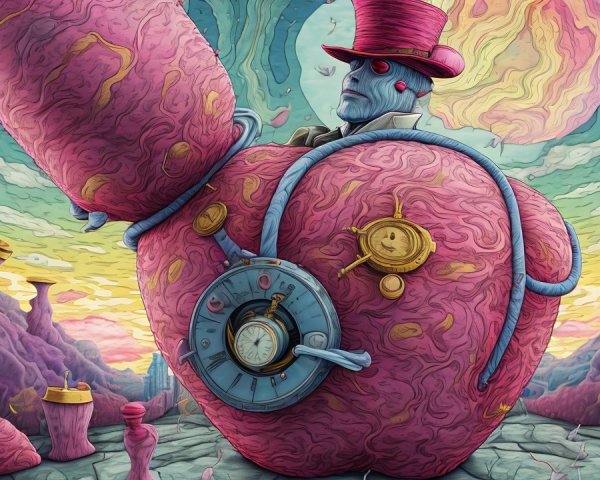 Surreal Landscape with Pink Brain Figure and Whimsical Mountains