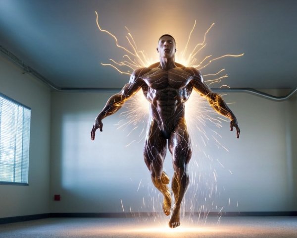 Muscular Figure Levitating in Dimly Lit Room with Sparks