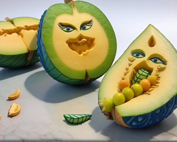Colorful Carved Melons with Playful Expressions