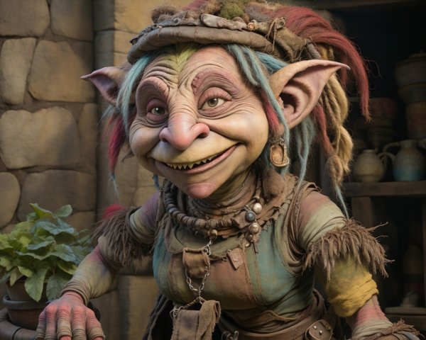 Close-up Portrait of a Mischievous Female Goblin