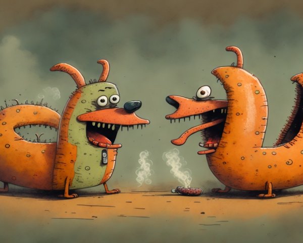 Whimsical Cartoon Creatures in Playful Interaction