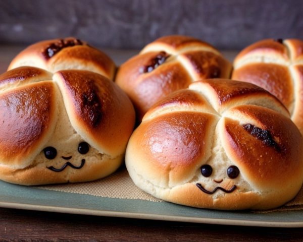Golden-brown buns with smiling faces and patterns