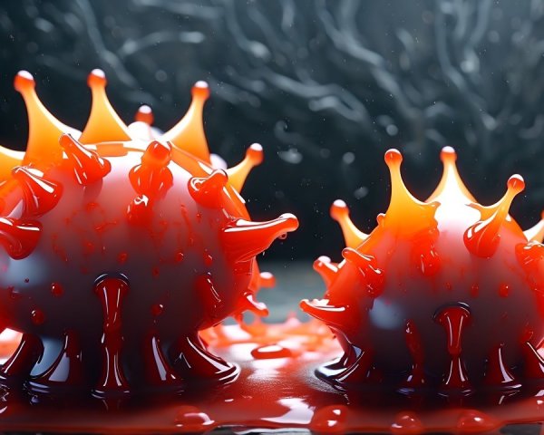 Abstract Virus-Like Spheres in Glossy Red Liquid
