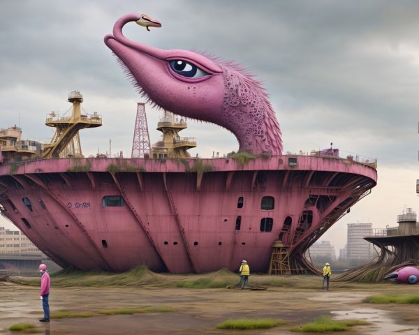 Surreal Landscape with Flamingo Creature and Figures