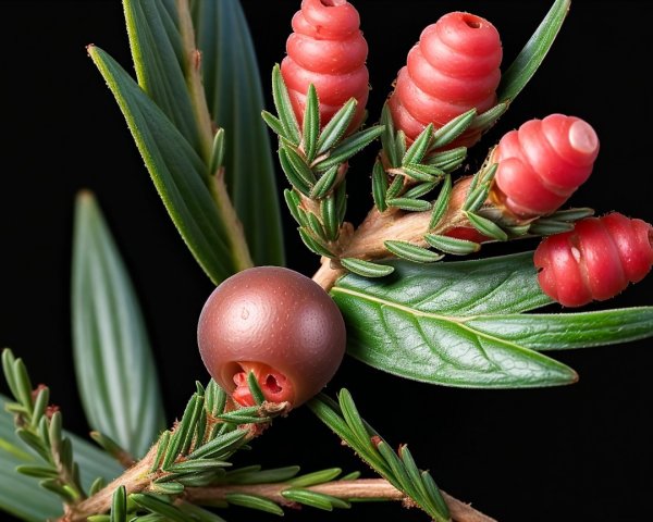 Vibrant Red and Brown Fruit Structures on Plant Branch