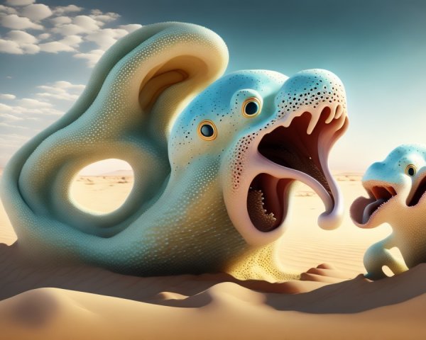 Surreal Desert Landscape with Whimsical Dragon Creatures