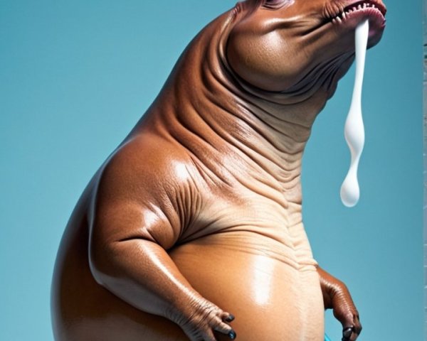 Surreal Creature from Blue Bowl with Playful Expression