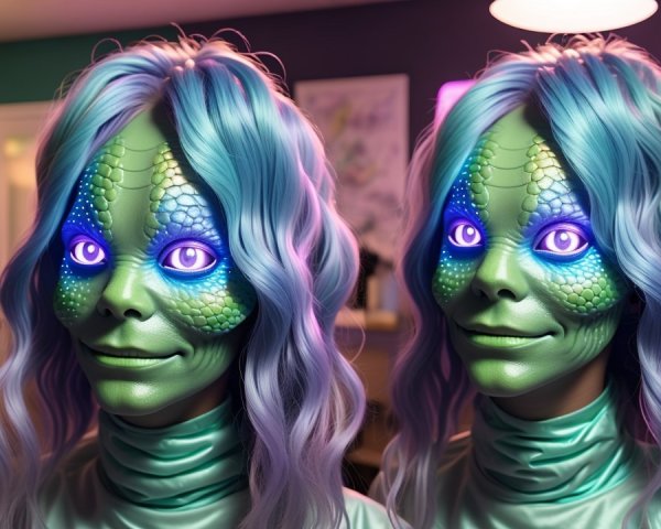 Humanoid Figures with Reptilian Skin and Blue Eyes