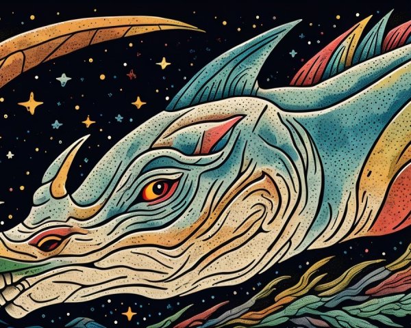 Mythical creature gliding through a starry night sky