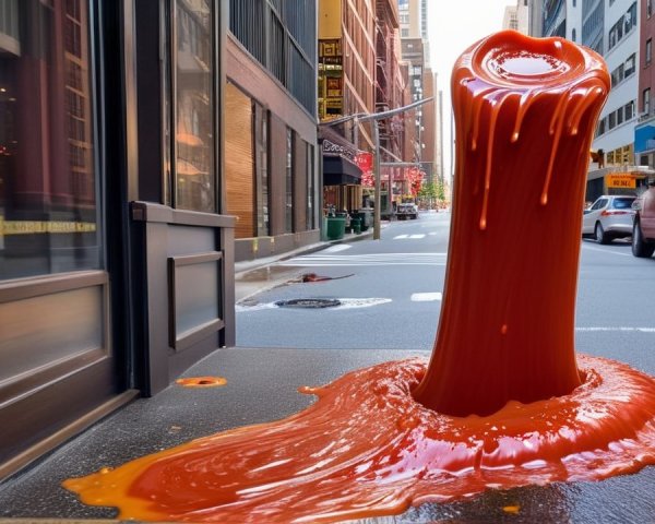 City Street Scene with Spilled Red Ketchup Puddle