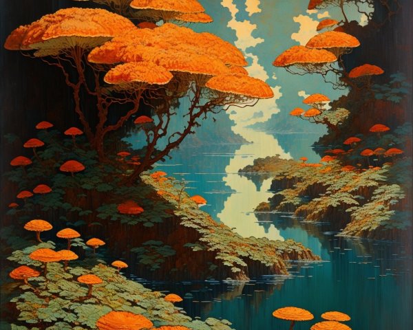 Fantastical Landscape with Orange Mushrooms and River
