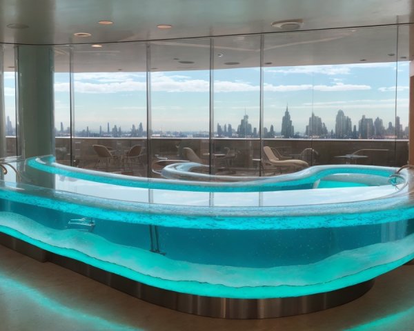 Modern spa area with infinity pool and city skyline