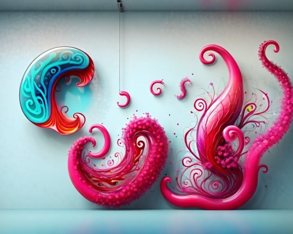 Vibrant Abstract Mural with Pink and Blue Shapes