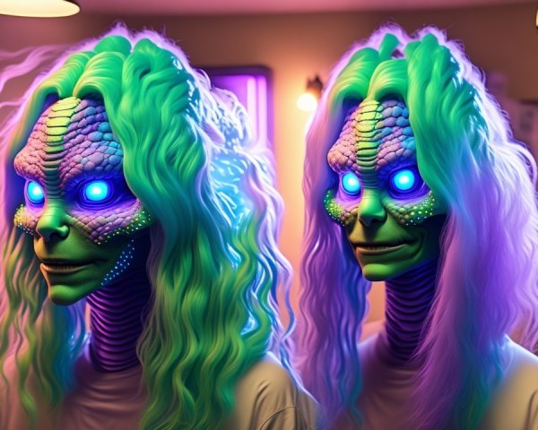 Intricate Scaled Aliens with Glowing Blue Eyes