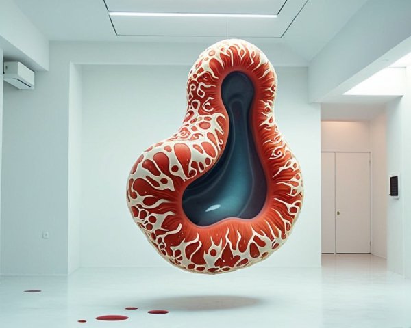 Surreal Red Sculpture in Minimalist White Gallery
