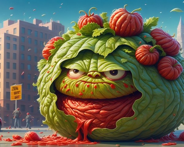Whimsical Creature Blending Lettuce and Pumpkin Elements