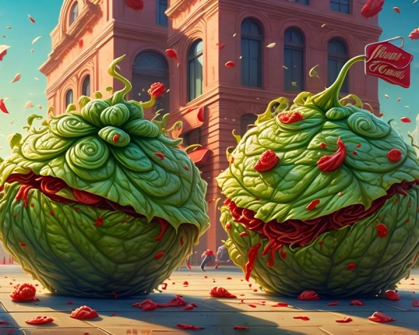 Giant Whimsical Fruit Creatures in Urban Scene