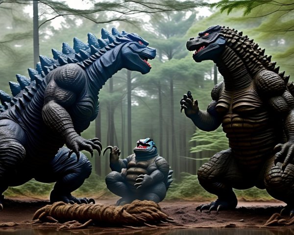 Godzilla Figures in a Misty Forest Setting